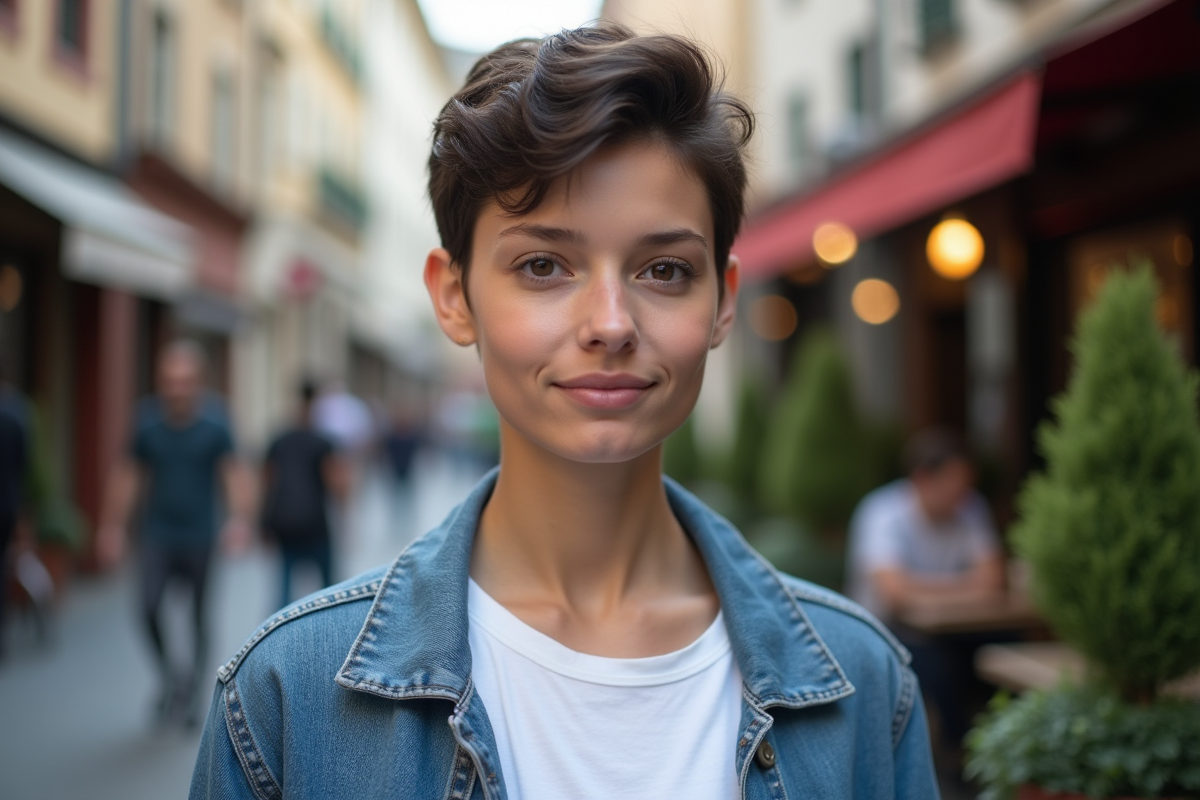 Jeune femme avec coupe pixie dans une rue urbaine