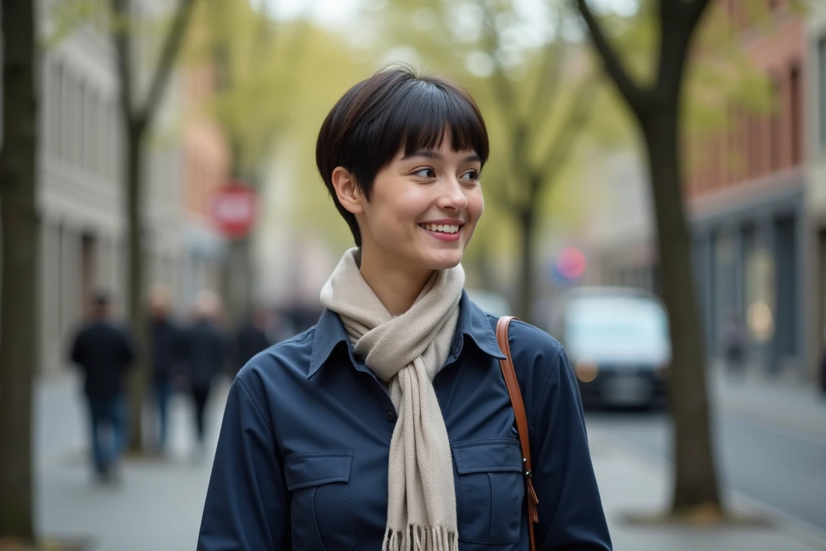 Jeune femme marchant dans une rue urbaine au printemps