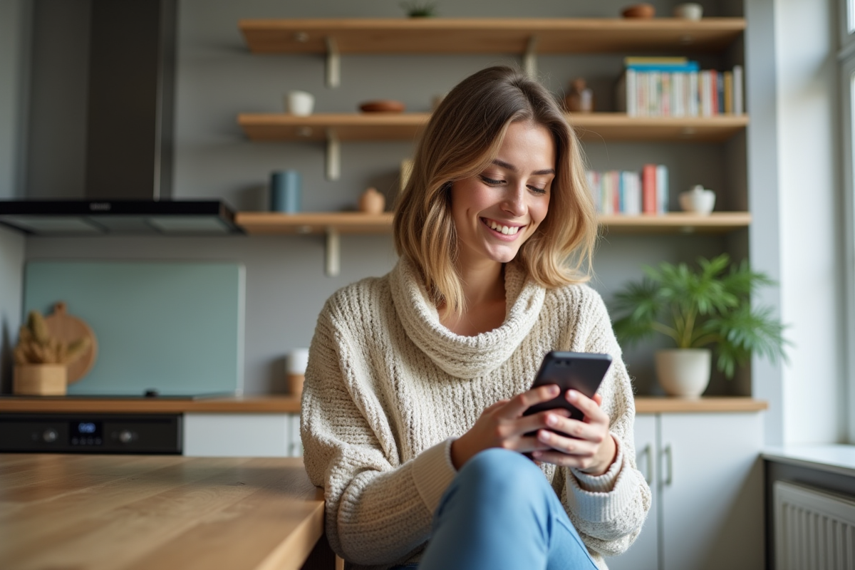Jeune femme souriante avec smartphone dans une cuisine moderne