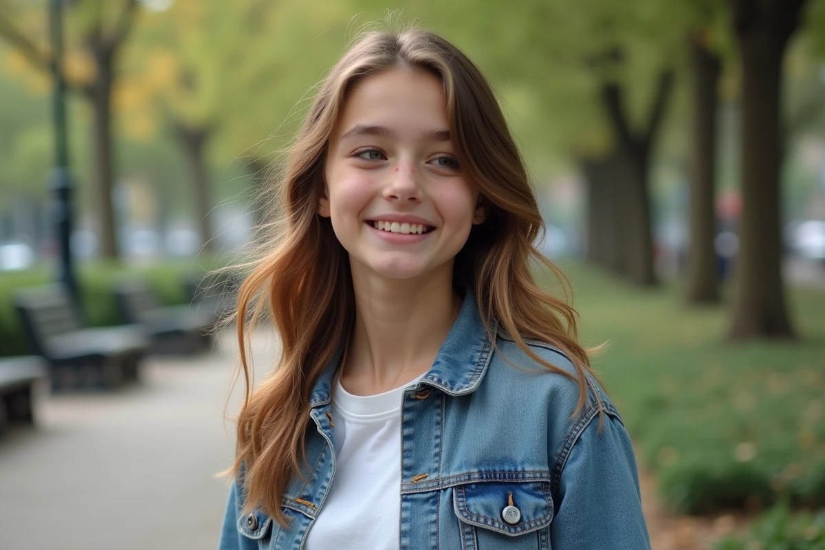 Jeune fille aux cheveux caramel dans un parc urbain