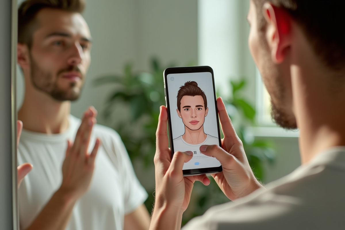 Jeune homme suivant une application de yoga du visage devant un miroir