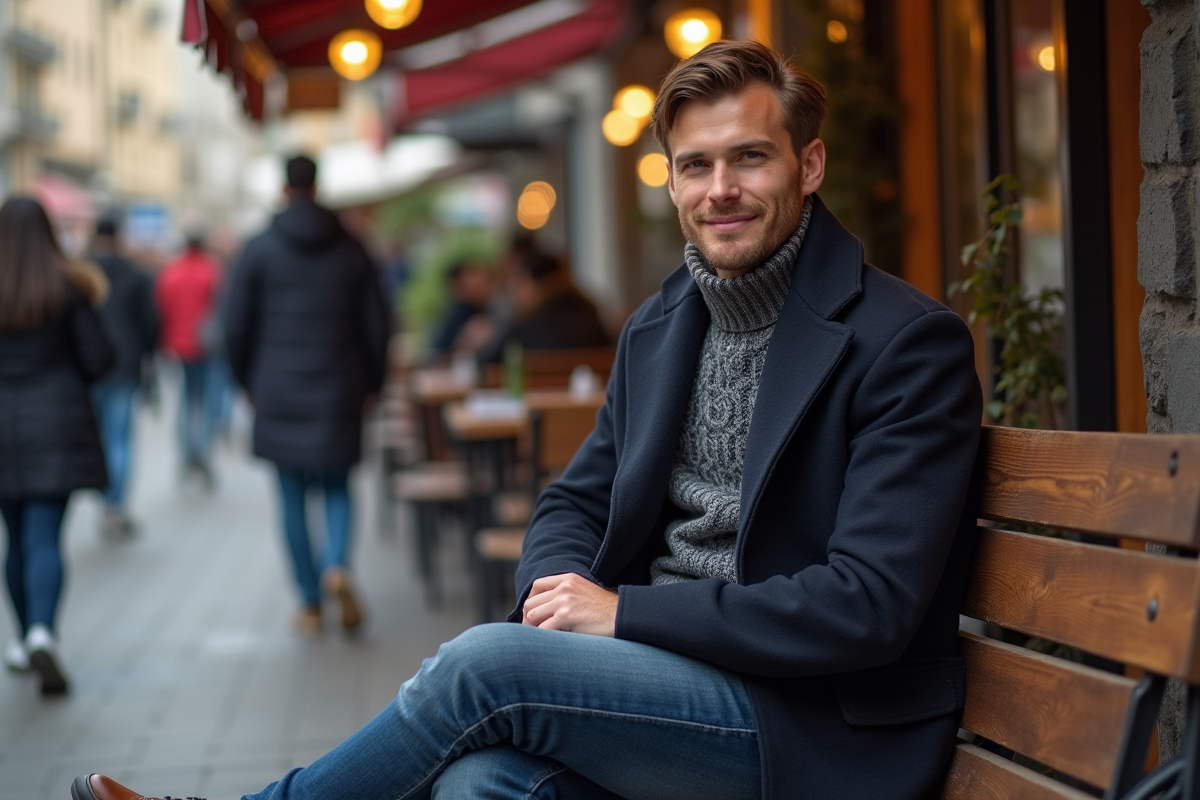 Jeune homme en manteau dans un café animé en ville