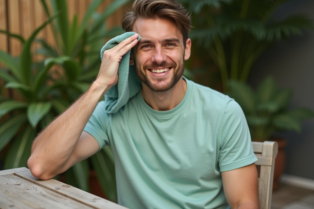 Jeune homme détendu dans un jardin avec serviette fraîche