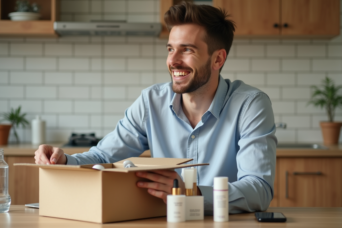 Jeune homme déballant des produits de beauté dans la cuisine