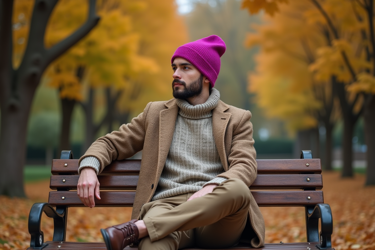 Jeune homme en pull terre cuite dans un jardin urbain