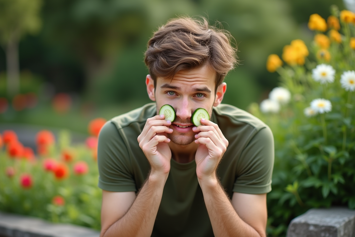 Jeune homme appliquant des tranches de concombre sur le visage dans un jardin