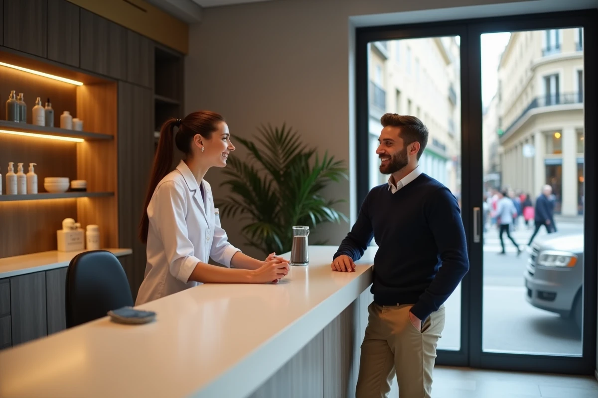 Jeune homme discutant avec estheticienne dans spa parisien