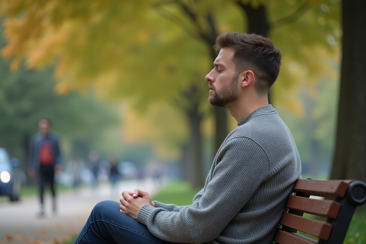 Jeune homme stressé assis sur un banc dans un parc