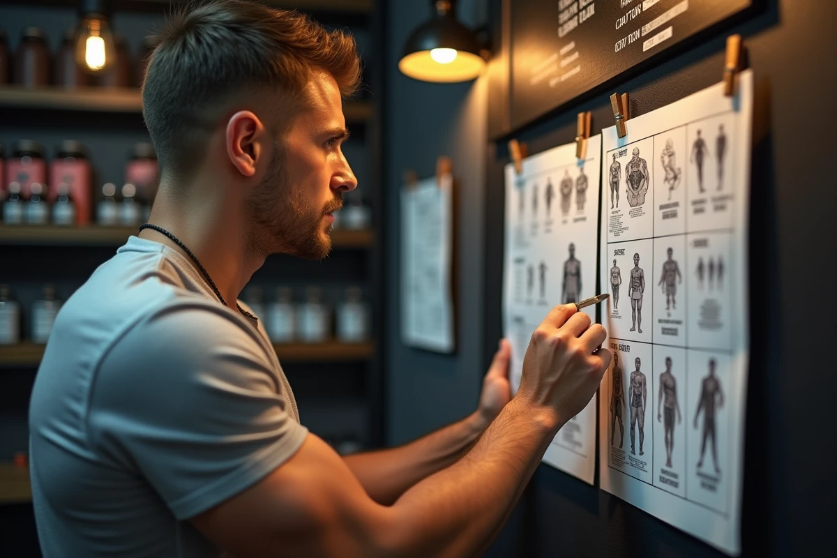Jeune homme examine un tableau de prix dans un studio de tatouage