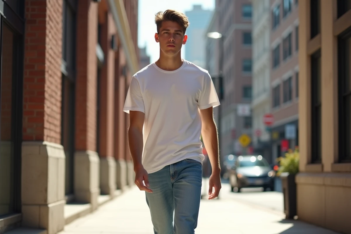 Adolescent mannequin marchant dans une rue urbaine ensoleillee