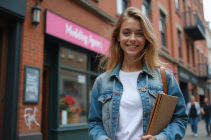 Jeune femme en streetwear devant une agence de mannequins