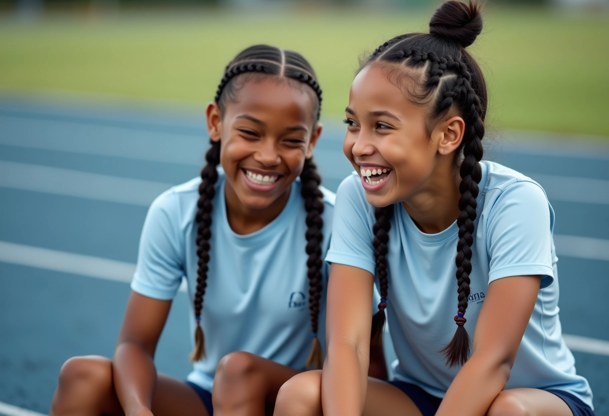 Deux adolescentes athlètes relaxant après entraînement sur piste