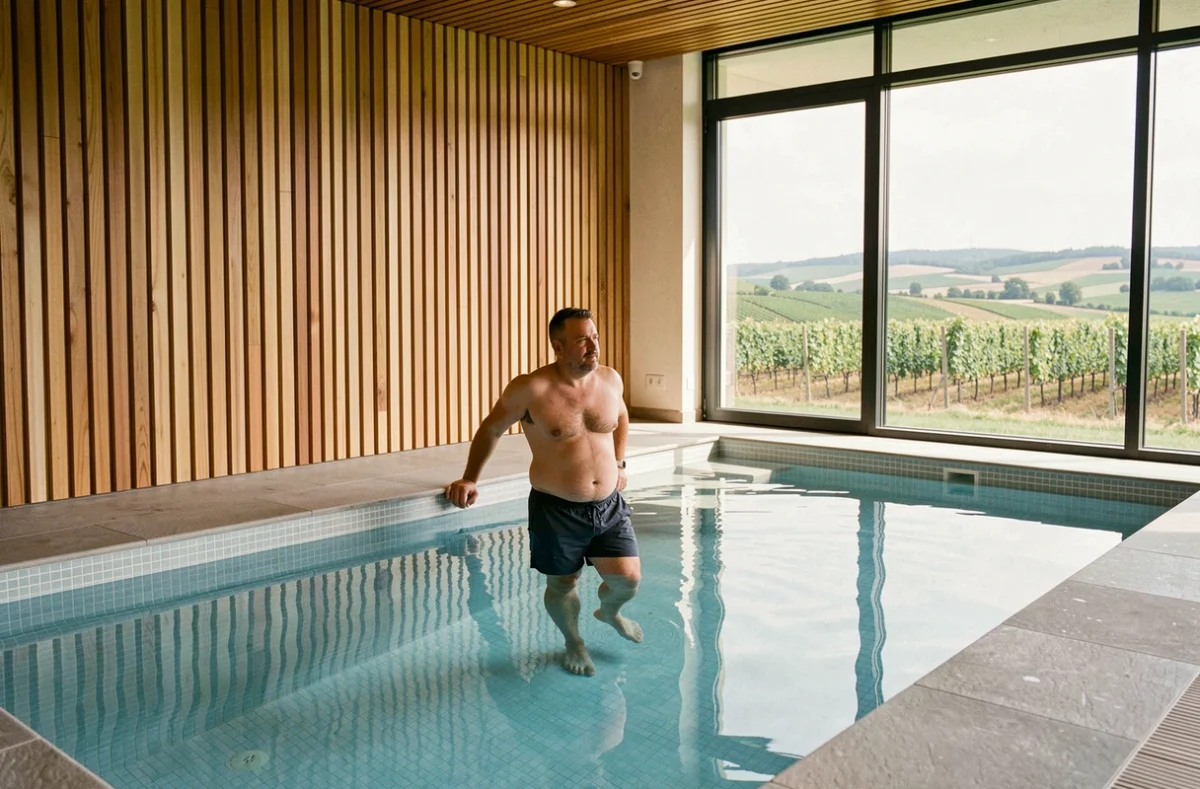 Piscine intérieure moderne du Dracy Hôtel & Spa entre Chalon-sur-Saône et Beaune, avec homme se relaxant au bord de l'eau et vue sur les vignobles bourguignons