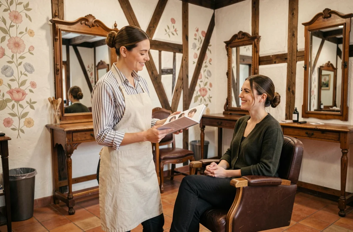 Coiffeuse consultant un catalogue de coiffures avec une cliente dans le salon Les Arcades à Colmar