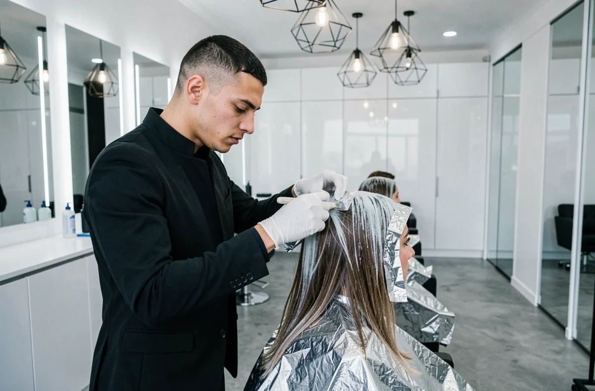 Coiffeur posant des mèches avec feuilles d'aluminium sur une cliente dans le salon LR Coiffure à Mulhouse