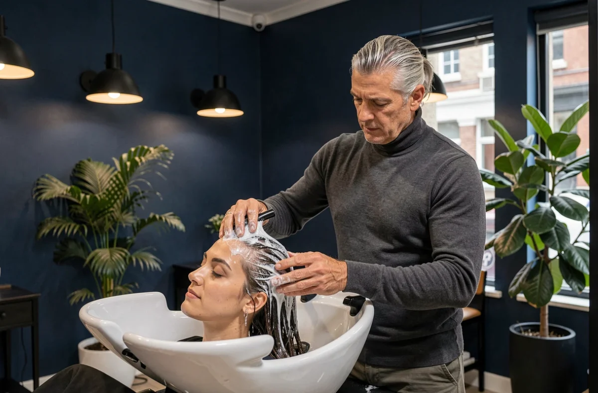 Coiffeur appliquant un soin capillaire à une cliente dans le salon L'Univers à Nancy, ambiance feutrée