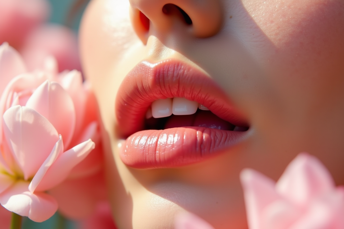 Lèvres avec gloss rose entourées de fleurs fraîches