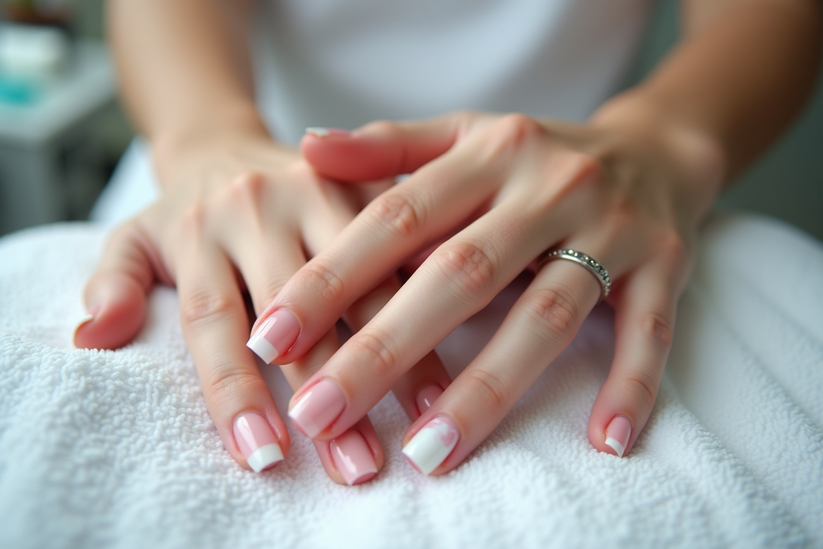 Zoom sur mains avec ongles partiellement faux et irritation