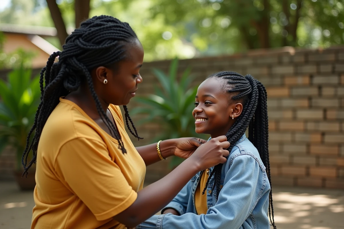 Mère africaine coiffant sa fille dans un jardin ombragé