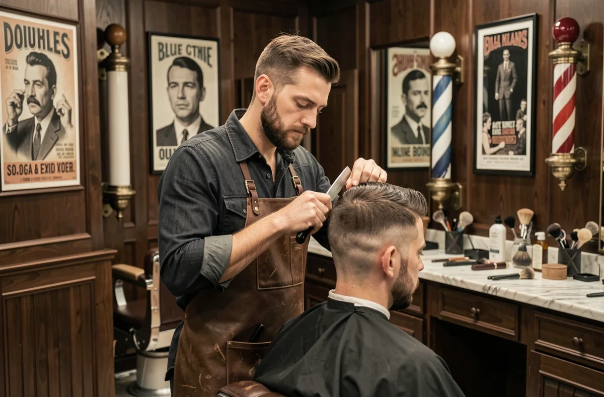 Barbier réalisant une coupe de dégradé précise dans la boutique Marc Thibault coiffeur et barbier à Blodelsheim