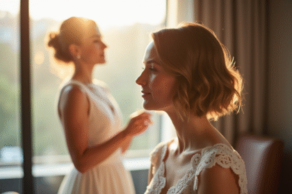 Mariée avec coiffure élégante près d'une fenêtre lumineuse