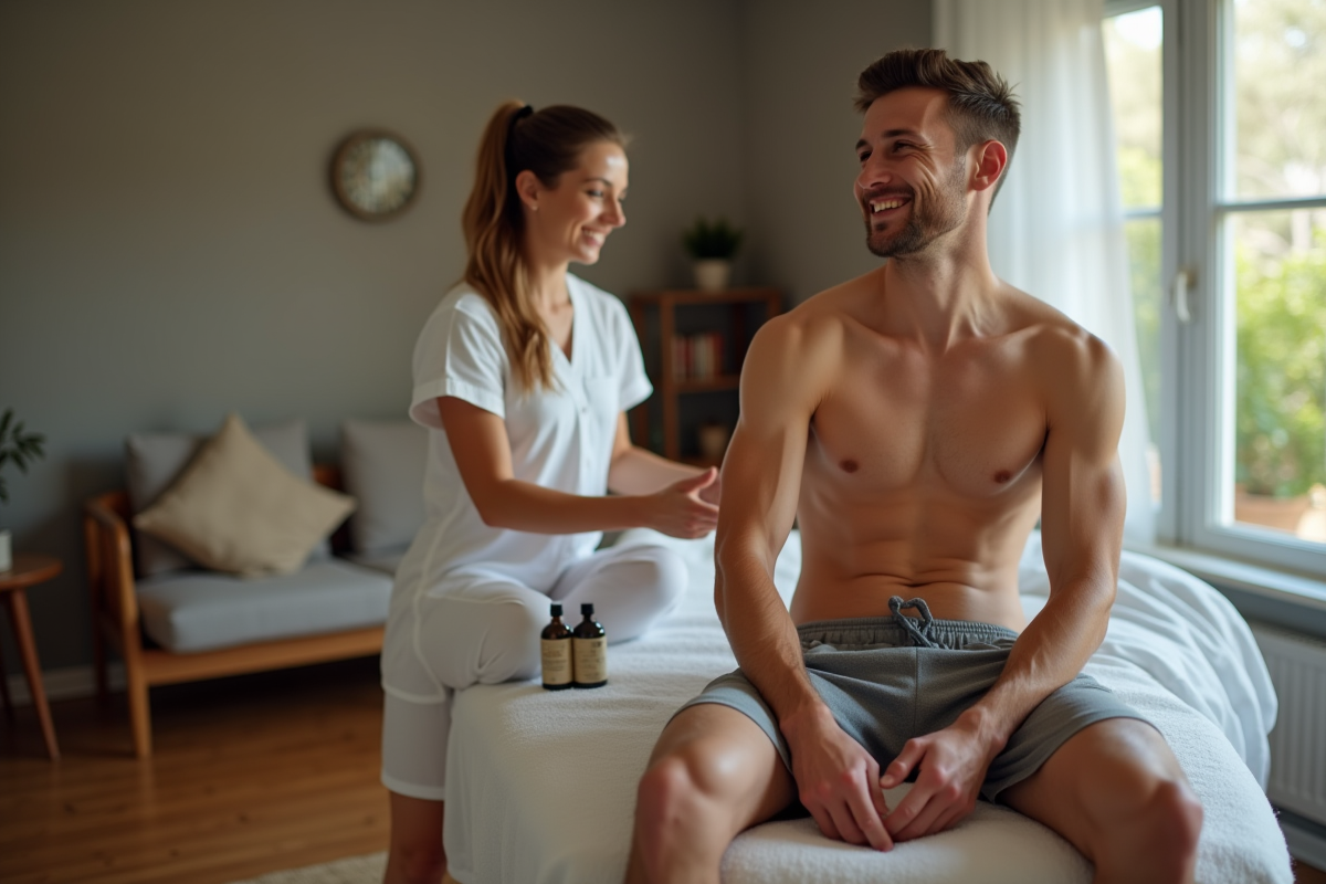 Jeune homme souriant recevant un massage à domicile