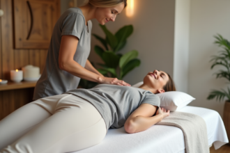 Femme détendue recevant un massage dans un spa moderne