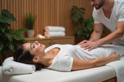 Femme détendue recevant un massage dans un spa moderne