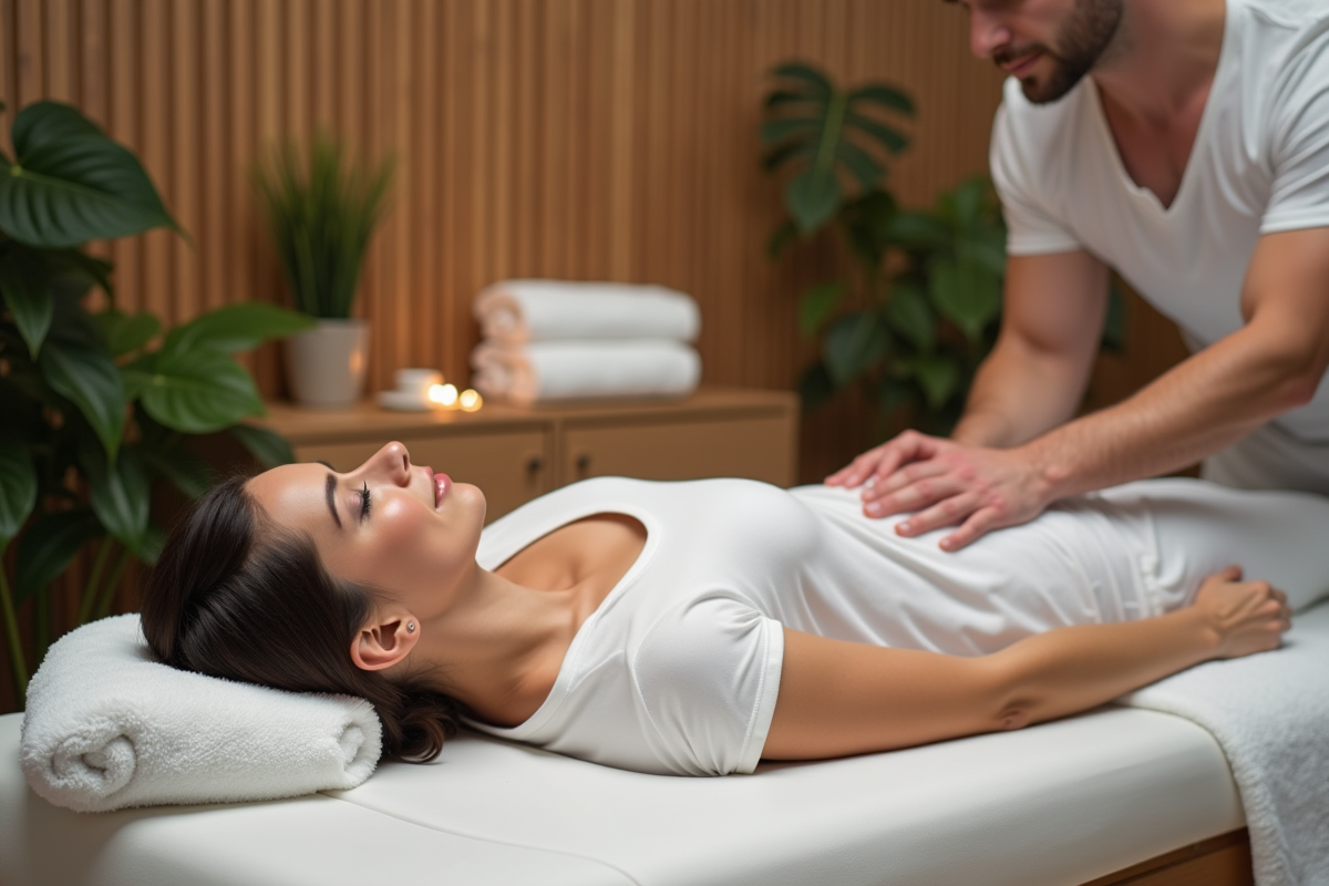 Femme détendue recevant un massage dans un spa moderne