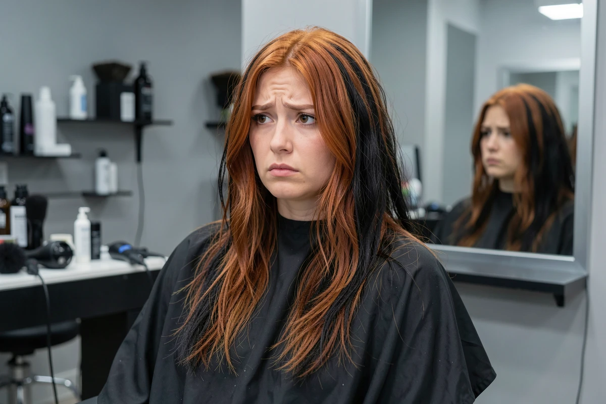 Mauvaise correspondance de couleur entre extensions et cheveux naturels visibles chez une femme en salon de coiffure