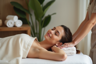 Femme détendue recevant un massage dans un spa calme