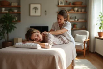 Femme recevant un massage relaxant dans un salon cosy à Toulouse