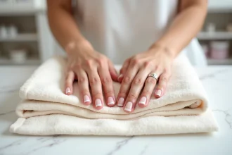 Mains aux ongles courts recouverts d'un gel porcelaine translucide sur un bureau de nail studio en marbre blanc