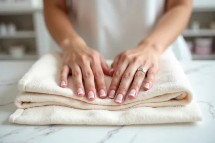 Mains aux ongles courts recouverts d'un gel porcelaine translucide sur un bureau de nail studio en marbre blanc