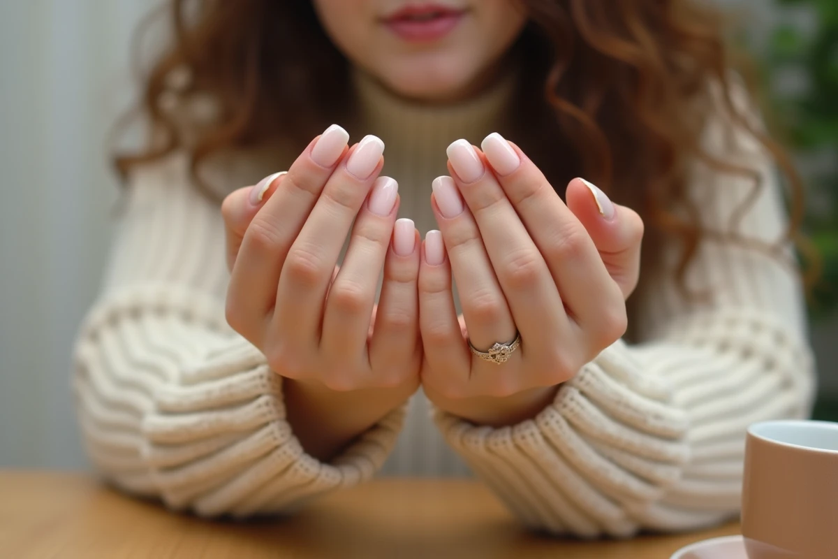 Femme en pull en tricot examinant ses ongles courts avec finition gel porcelaine à la maison