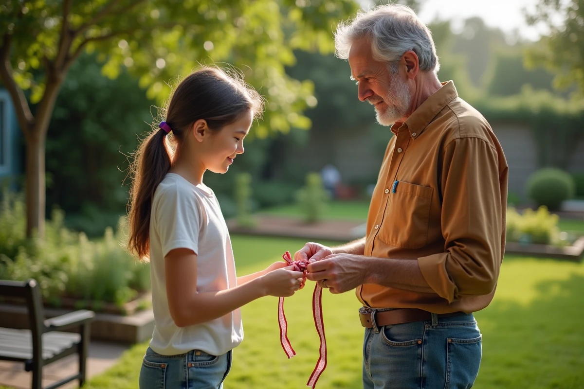Père regarde sa fille attacher un ruban dans un jardin