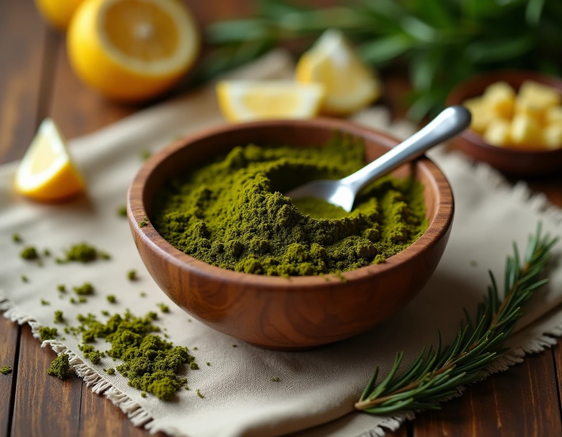 Bol en bois contenant une pâte de henné naturelle préparée pour colorer les cheveux blancs, posé sur une table en chêne avec des ingrédients naturels