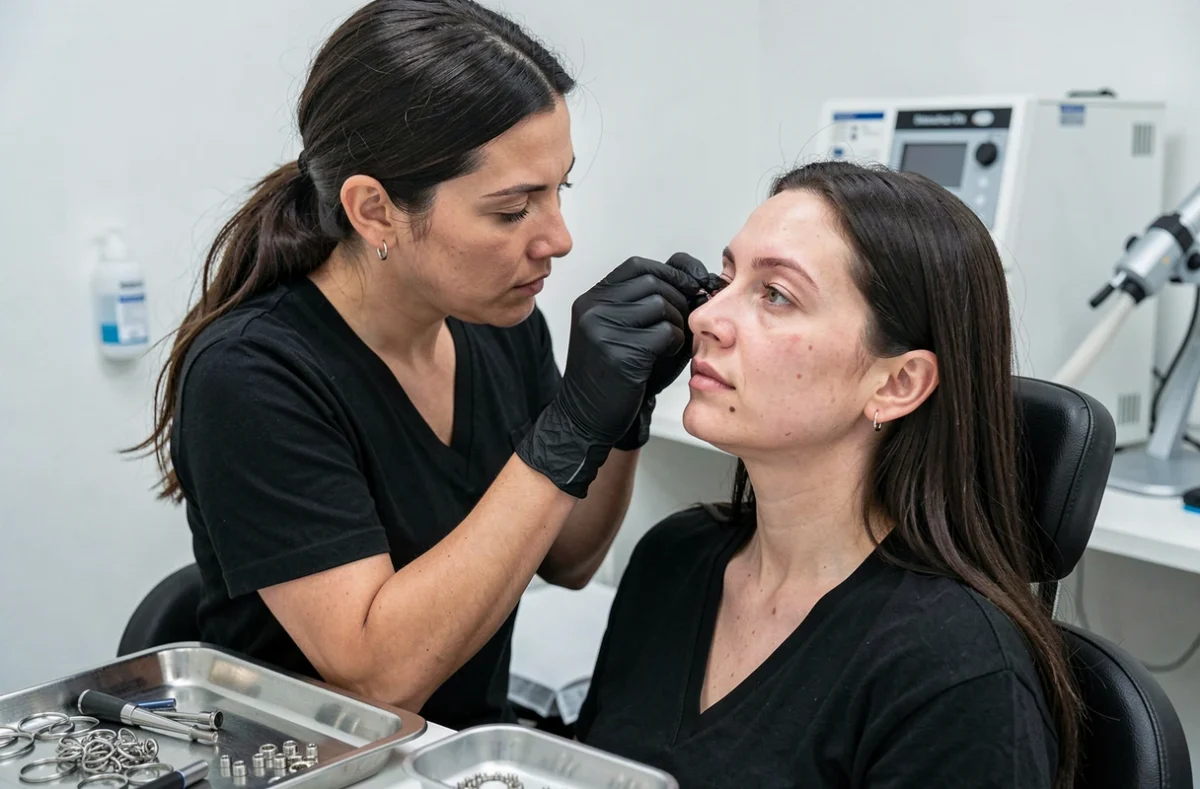 Perceur professionnel examinant un piercing nez irrité sur une cliente à peau sensible dans un studio de piercing hygiénique