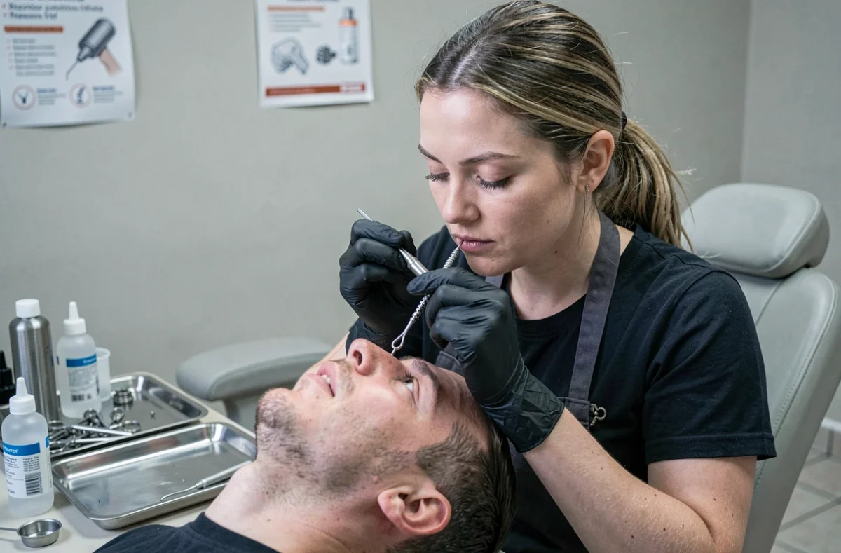 Perceur professionnel plaçant un labret en titane sur un client masculin dans un salon de perçage stérile et professionnel