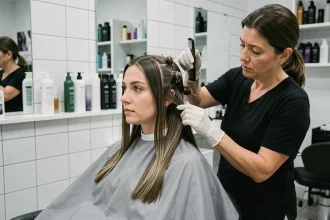 Coiffeuse appliquant une permanente lissante sur cheveux fins dans un salon de coiffure professionnel