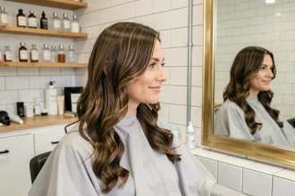 Femme aux cheveux ondulés après une permanente naturelle dans un salon moderne