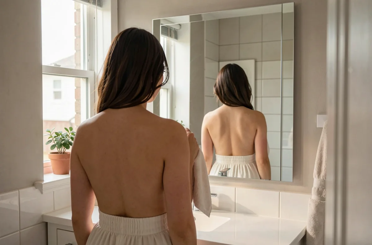 Personne observant son dos dans un miroir pour examiner sa peau