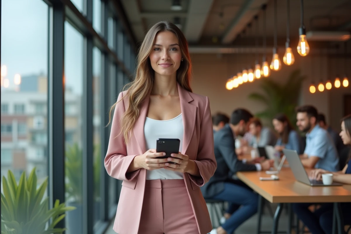 Blogueuse beauté et geek présentant les statistiques de croissance de son blog sur un smartphone dans un espace de coworking urbain moderne