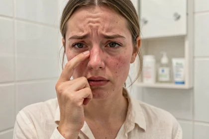 Jeune femme à la peau sensible inspectant son piercing au nez dans une salle de bain minimaliste