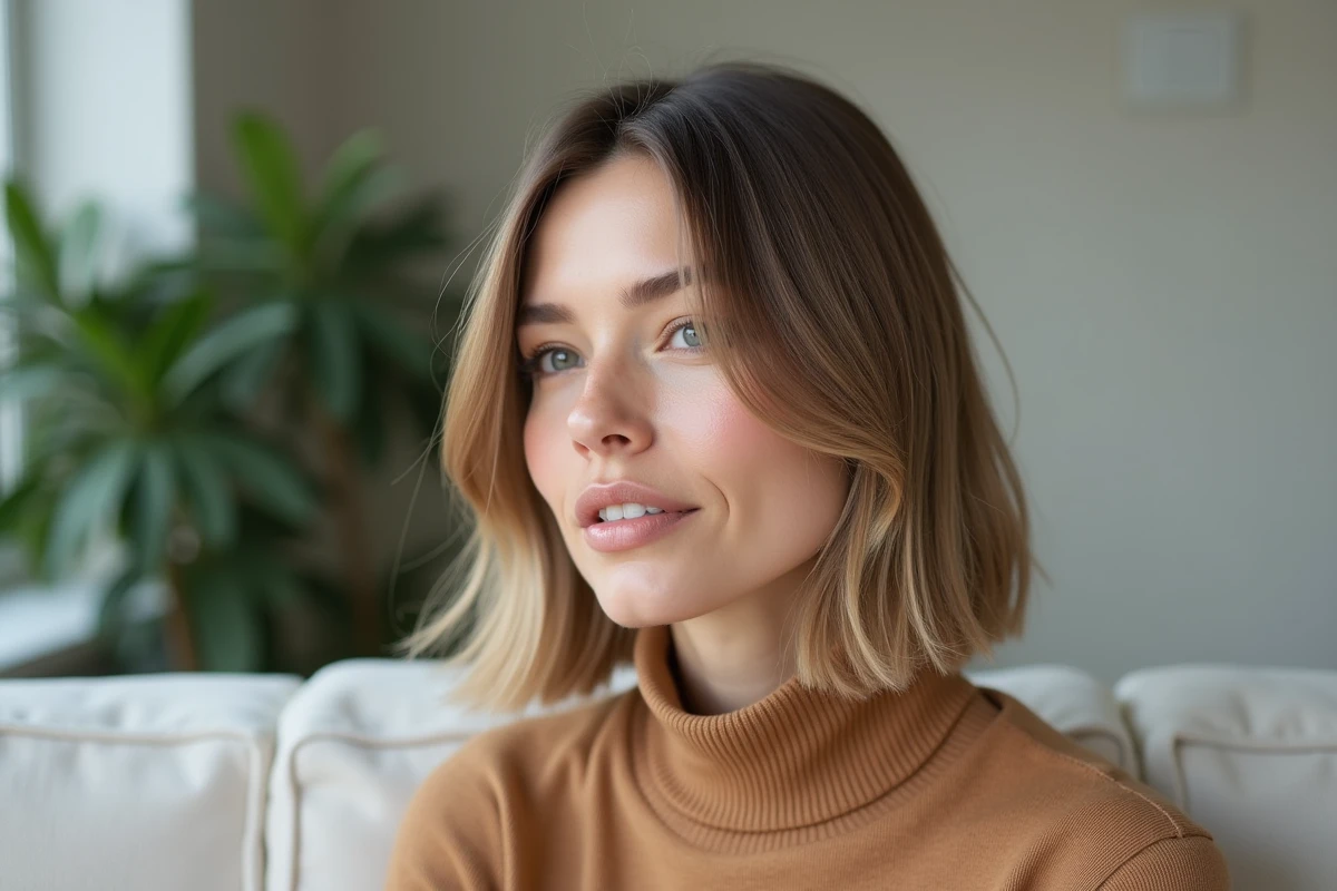 Portrait en gros plan d'une femme avec un carré lob flou sur cheveux fins raides, chez soi dans une ambiance cosy