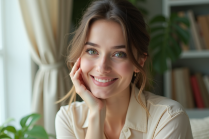 Portrait d'une femme aux yeux verts expressifs et sourire naturel