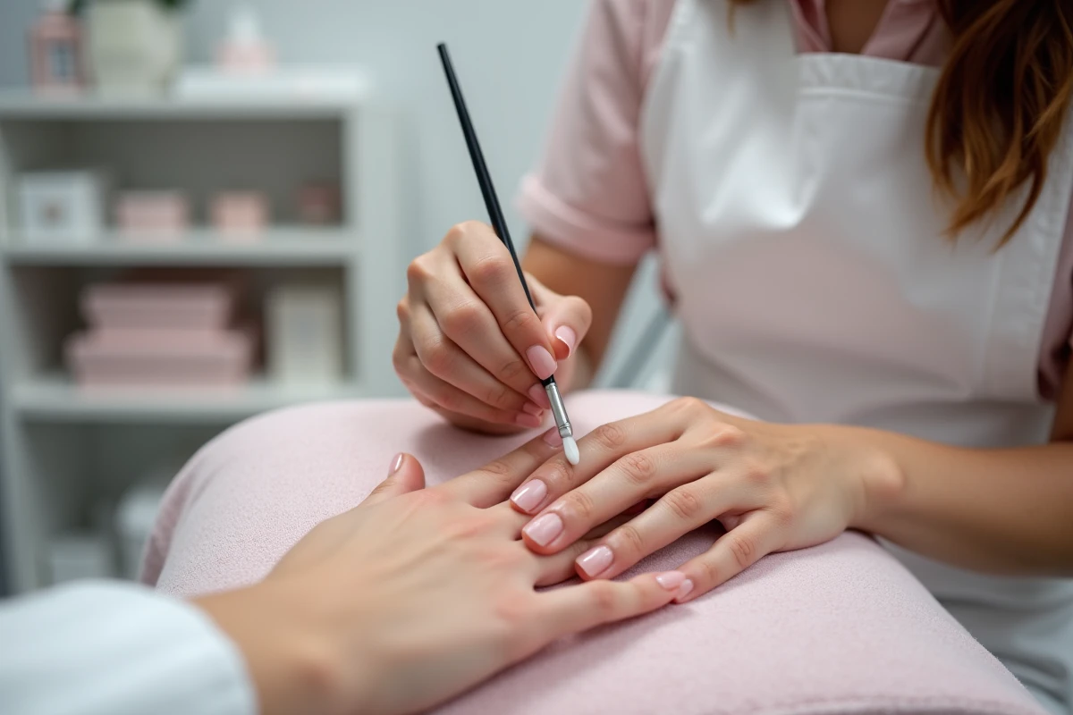 Technicienne en nail art appliquant un overlay gel porcelaine sur des ongles courts naturels en salon