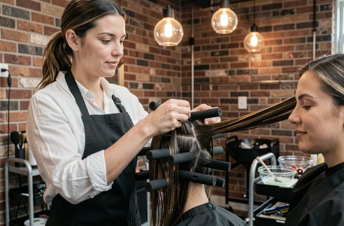 Coiffeuse posant des rouleaux de permanente sur les cheveux d'une cliente en salon