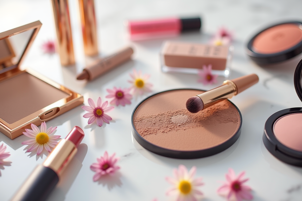 Vaste assortiment de produits de maquillage sur un plan de marbre