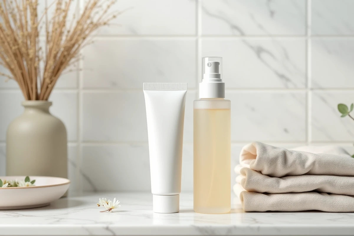 Deux produits de soin intime côte à côte sur une étagère en marbre blanc avec des éléments botaniques naturels